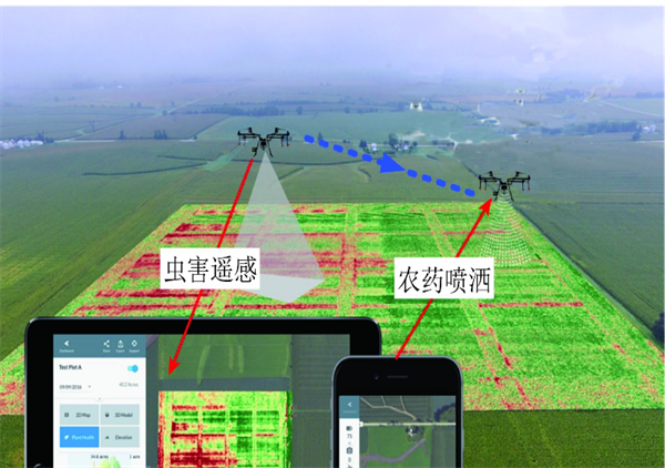 圖 5 遙感+決策和執(zhí)行技術(shù)(“察打一體”)：蟲(chóng)害區(qū)域識(shí)別與精準(zhǔn)農(nóng)藥噴灑